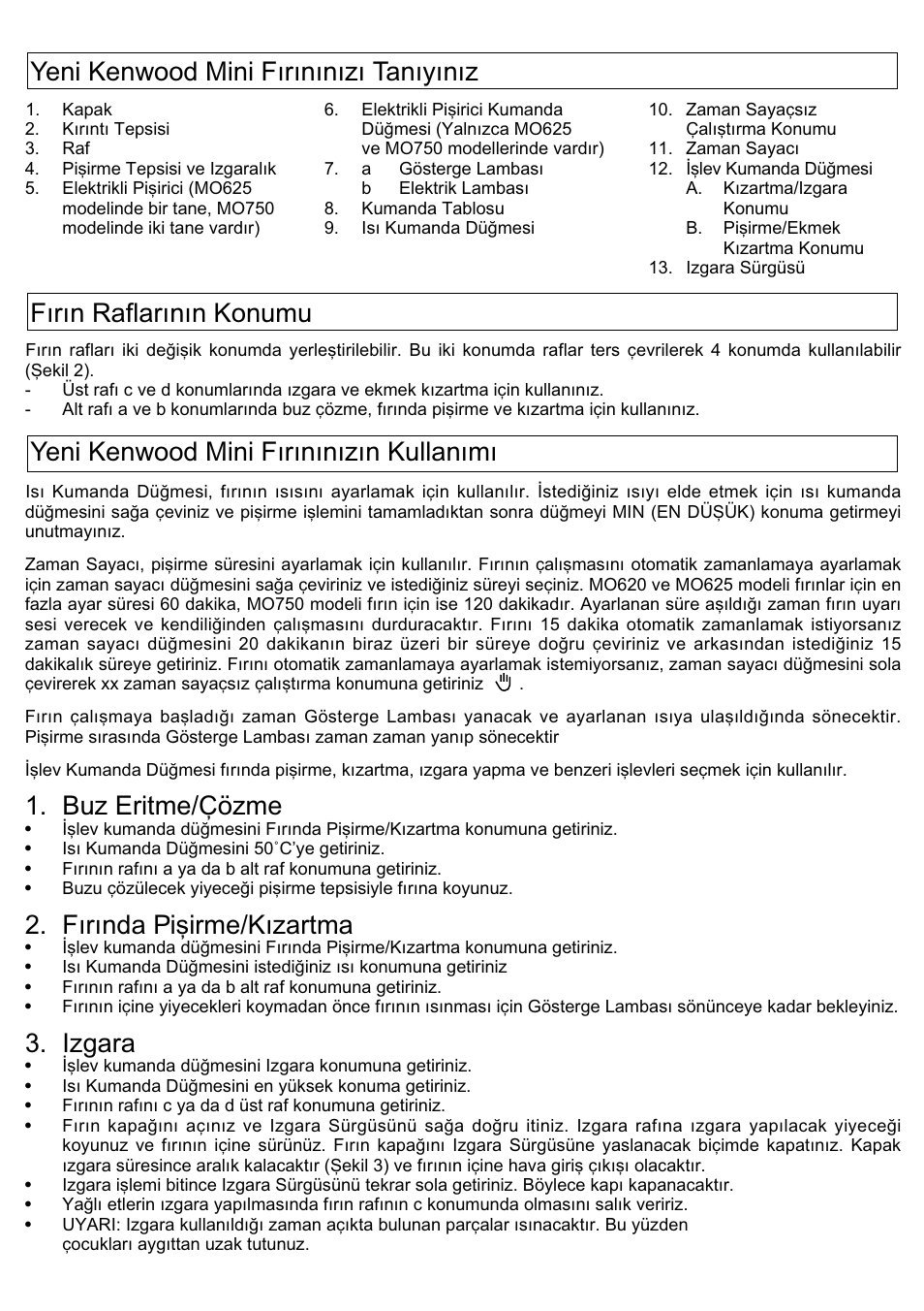 Buz eritme/çözme, Fırında pi…irme/kızartma, Izgara | Kenwood Mini Oven User Manual | Page 52 / 57