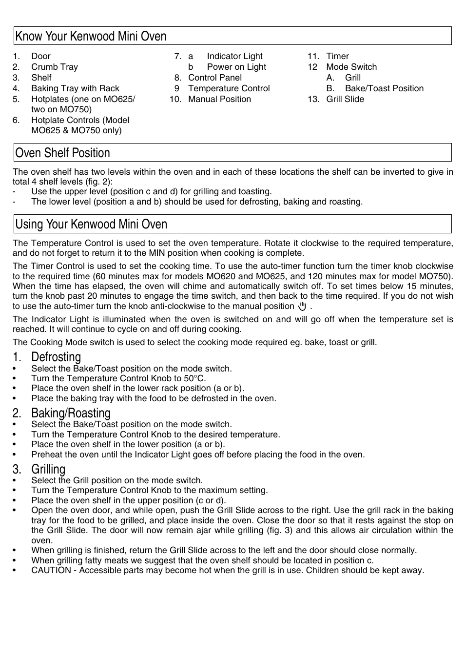 Defrosting, Baking/roasting, Grilling | Kenwood Mini Oven User Manual | Page 7 / 57