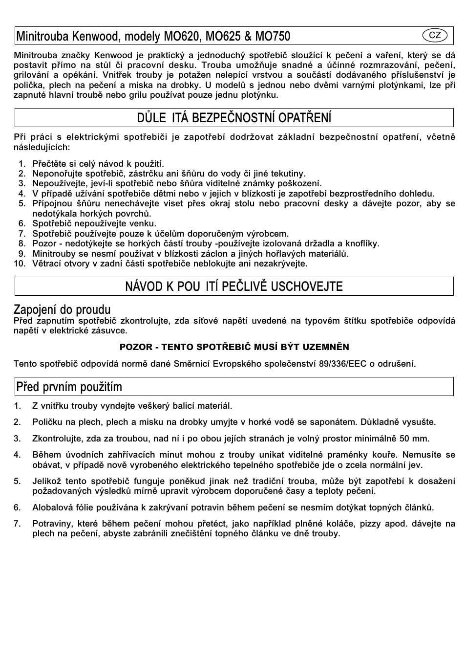 Zapojení do proudu | Kenwood Mini Oven User Manual | Page 9 / 57