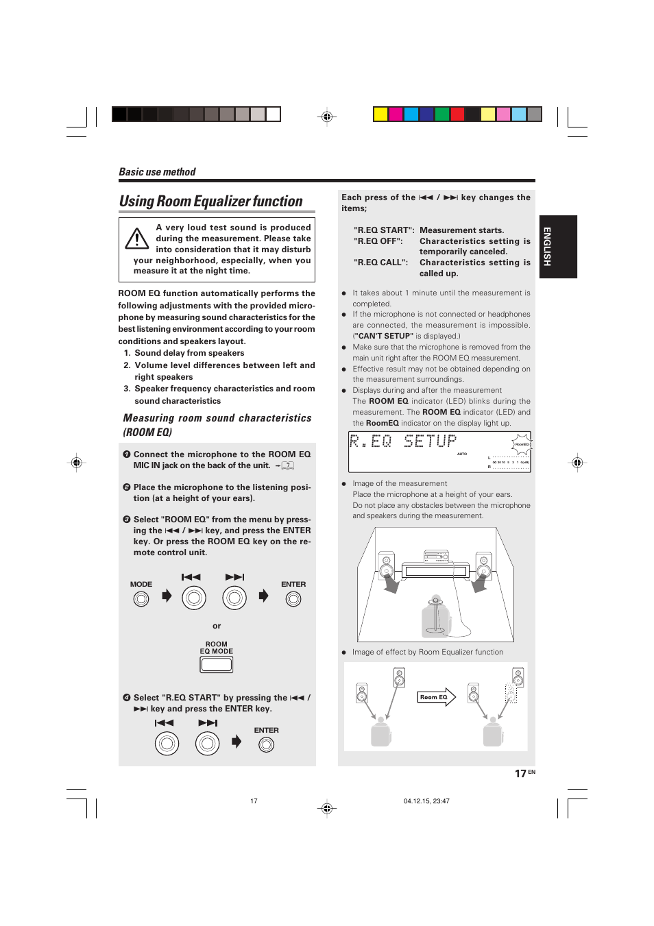 Using room equalizer function, Basic use method, Measuring room sound characteristics (room eq) | Kenwood R-K701 User Manual | Page 17 / 48