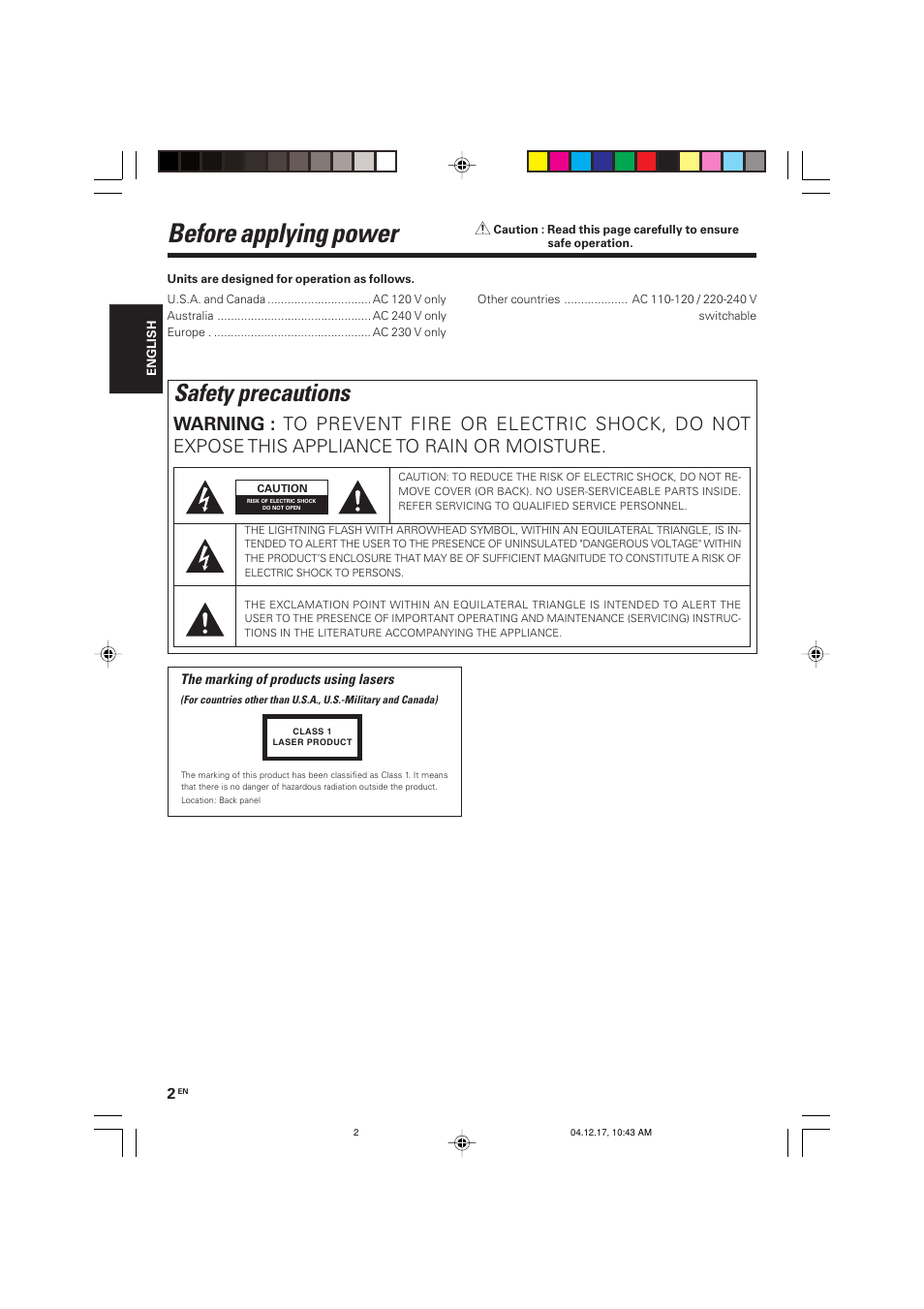 Before applying power, Safety precautions | Kenwood R-K701 User Manual | Page 2 / 48