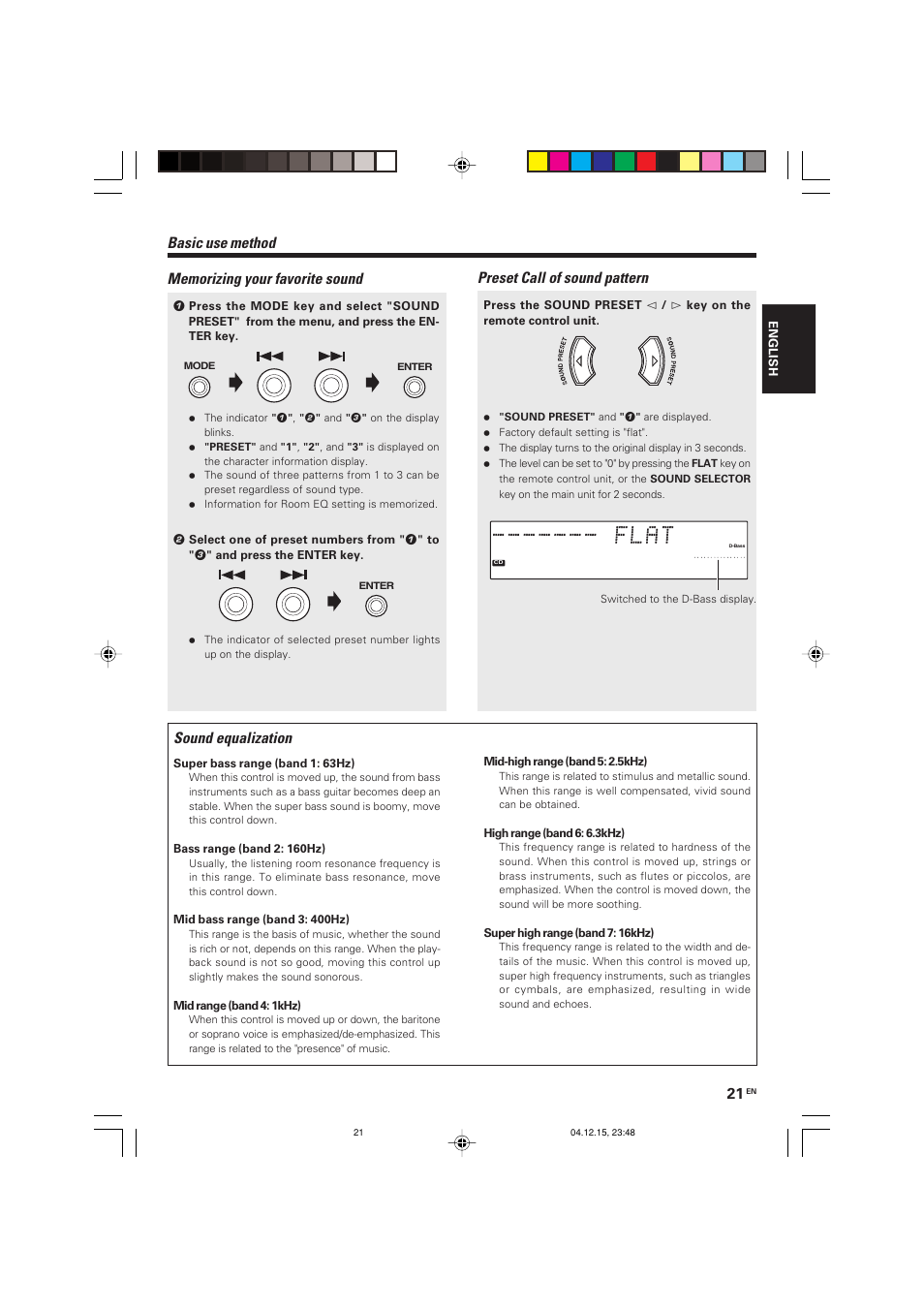 Sound equalization, Basic use method, Preset call of sound pattern | Kenwood R-K701 User Manual | Page 21 / 48