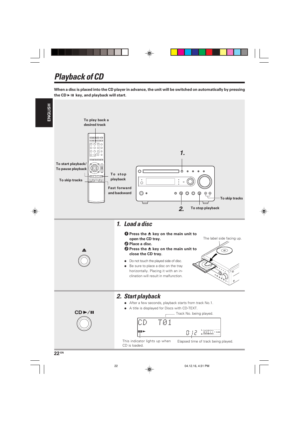 Playback of cd, Load a disc, Start playback | Kenwood R-K701 User Manual | Page 22 / 48