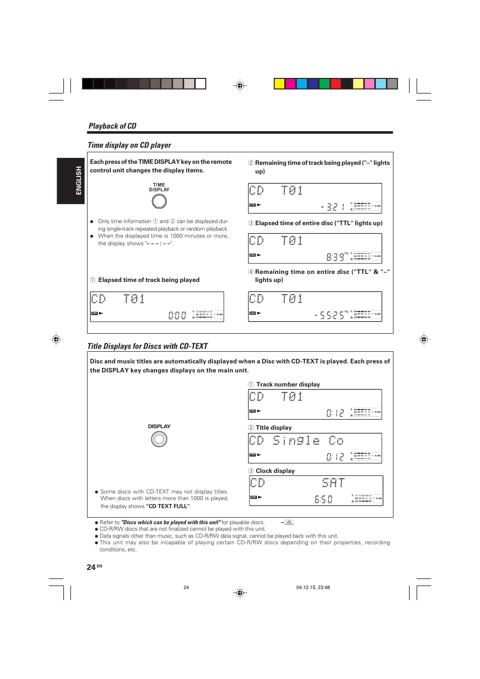 English, 1 elapsed time of track being played, 3 elapsed time of entire disc ("ttl" lights up) | Kenwood R-K701 User Manual | Page 24 / 48