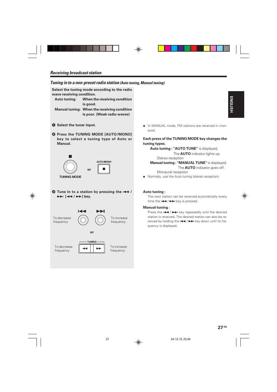 Tuning in to a non-preset radio station, Receiving broadcast station | Kenwood R-K701 User Manual | Page 27 / 48