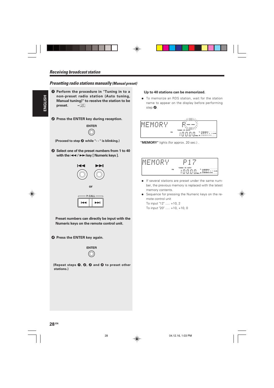 Presetting radio stations manually, Receiving broadcast station, Manual preset) | Kenwood R-K701 User Manual | Page 28 / 48