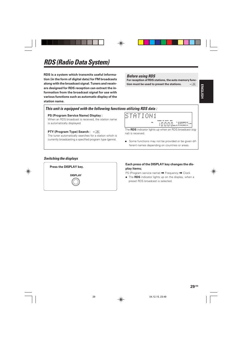 Rds (radio data system), Before using rds, Switching the displays | Kenwood R-K701 User Manual | Page 29 / 48