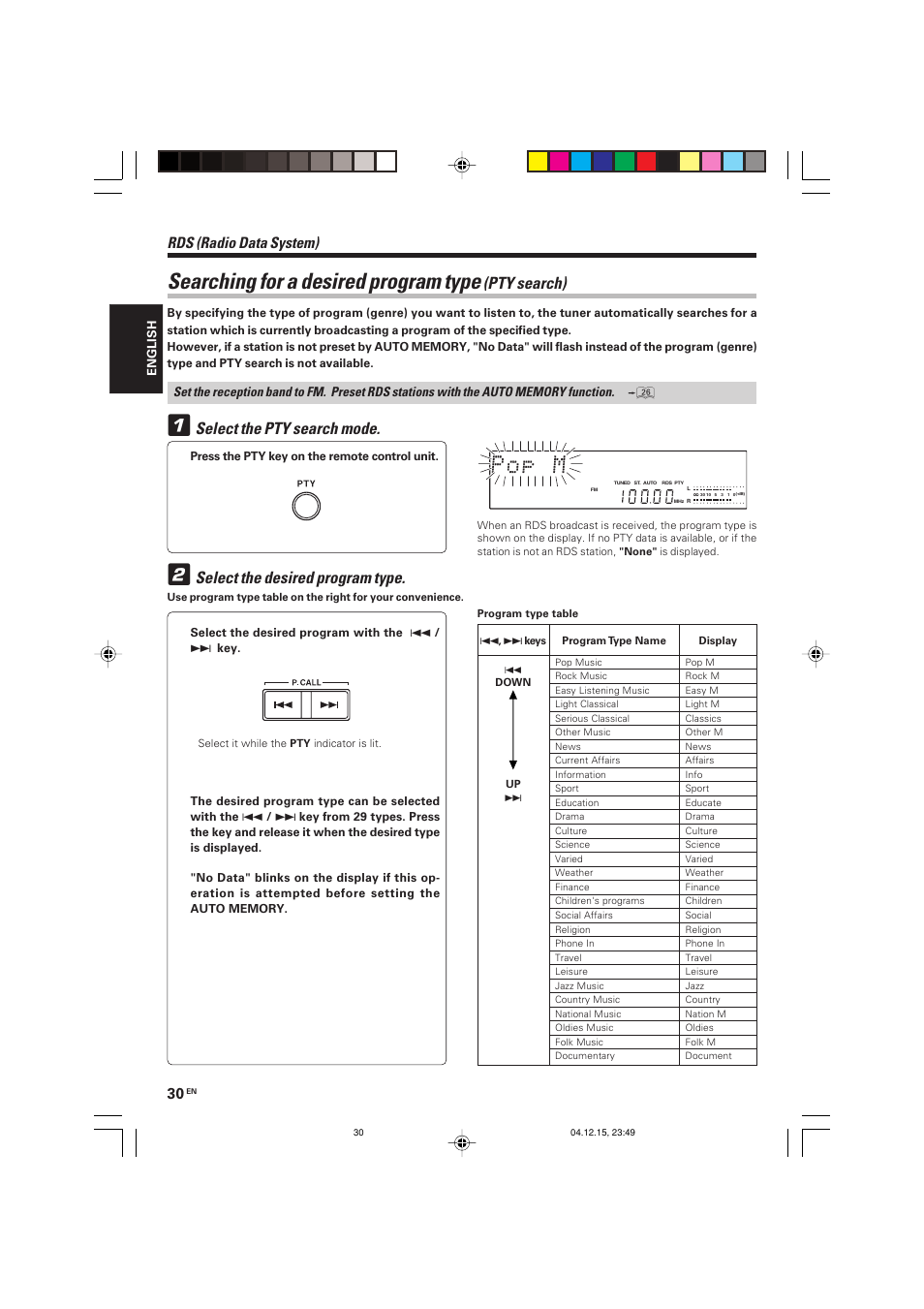 Searching for a desired program type, Pty search), Rds (radio data system) | Kenwood R-K701 User Manual | Page 30 / 48