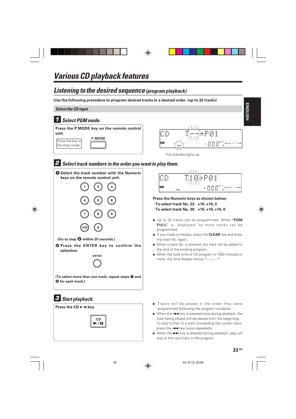 Various cd playback features, Listening to the desired sequence, Select pgm mode | Start playback, Program playback) | Kenwood R-K701 User Manual | Page 33 / 48