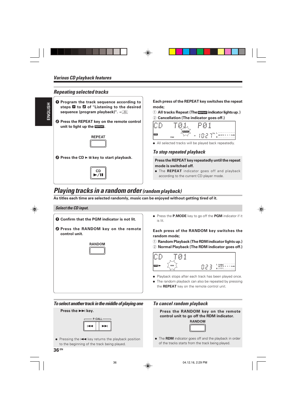 Playing tracks in a random order, Repeating selected tracks, Random playback) | Various cd playback features | Kenwood R-K701 User Manual | Page 36 / 48