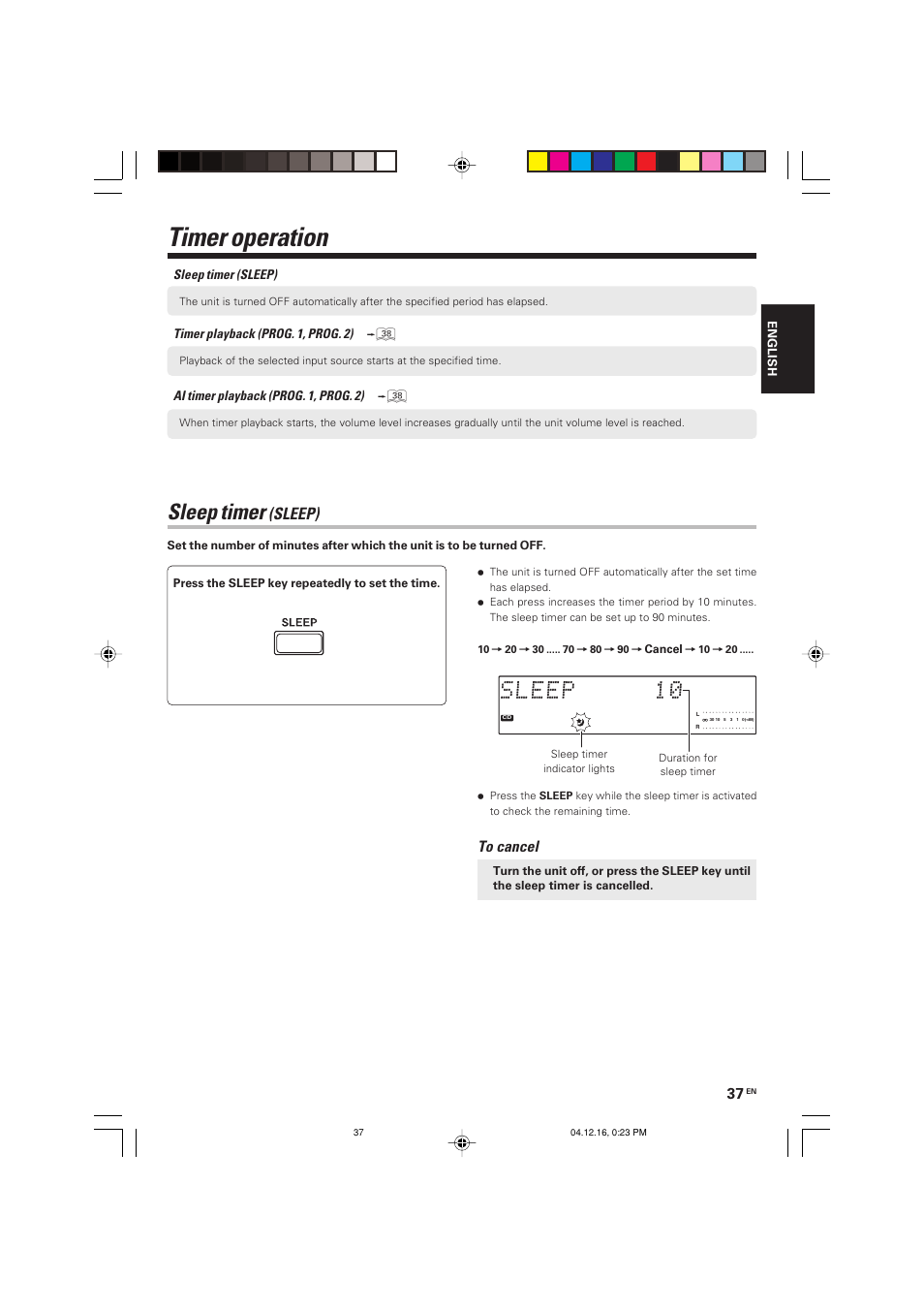 Timer operation, Sleep timer, Sleep) | Kenwood R-K701 User Manual | Page 37 / 48