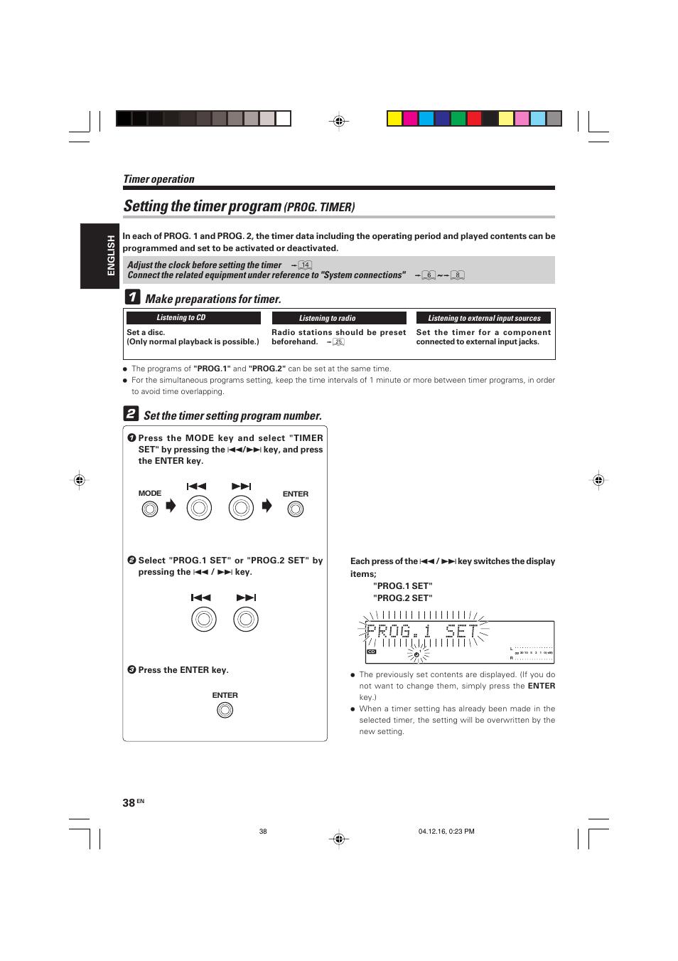 Setting the timer program, Prog. timer), Make preparations for timer | Set the timer setting program number, Timer operation | Kenwood R-K701 User Manual | Page 38 / 48