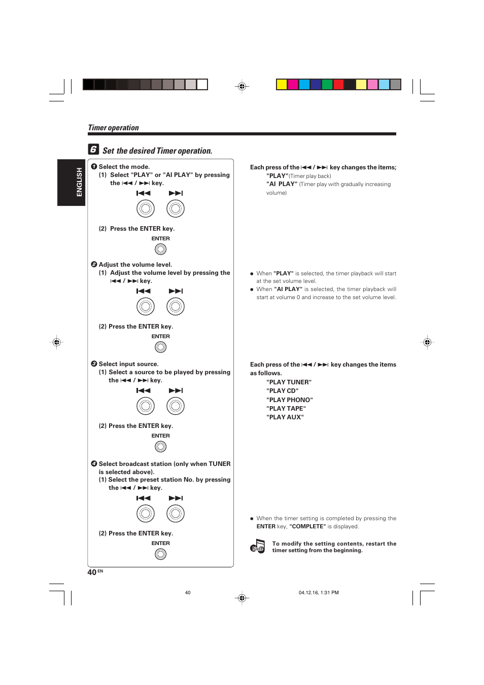 Set the desired timer operation, Timer operation | Kenwood R-K701 User Manual | Page 40 / 48