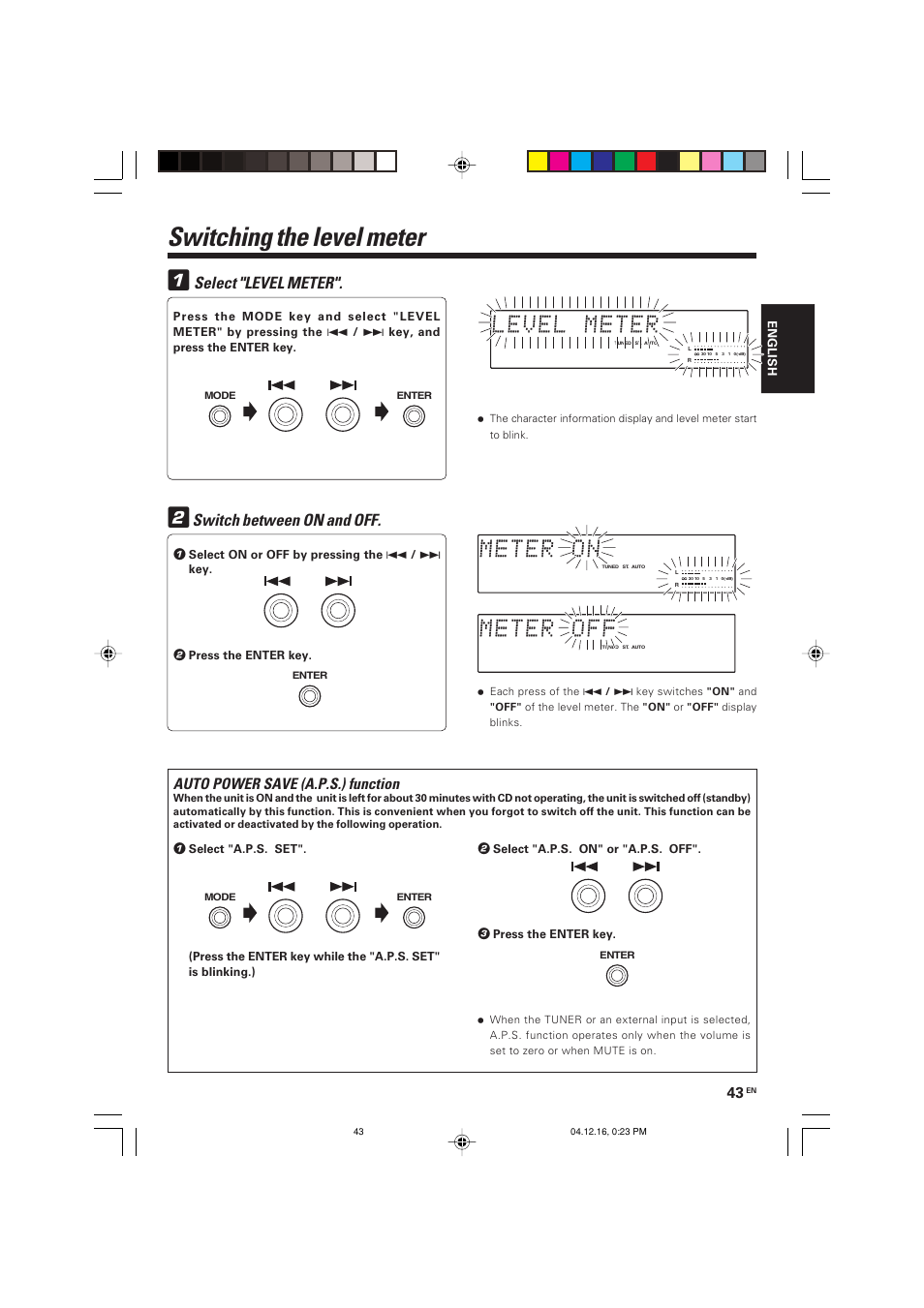 Switching the level meter 1, Select "level meter, Switch between on and off | Auto power save (a.p.s.) function | Kenwood R-K701 User Manual | Page 43 / 48