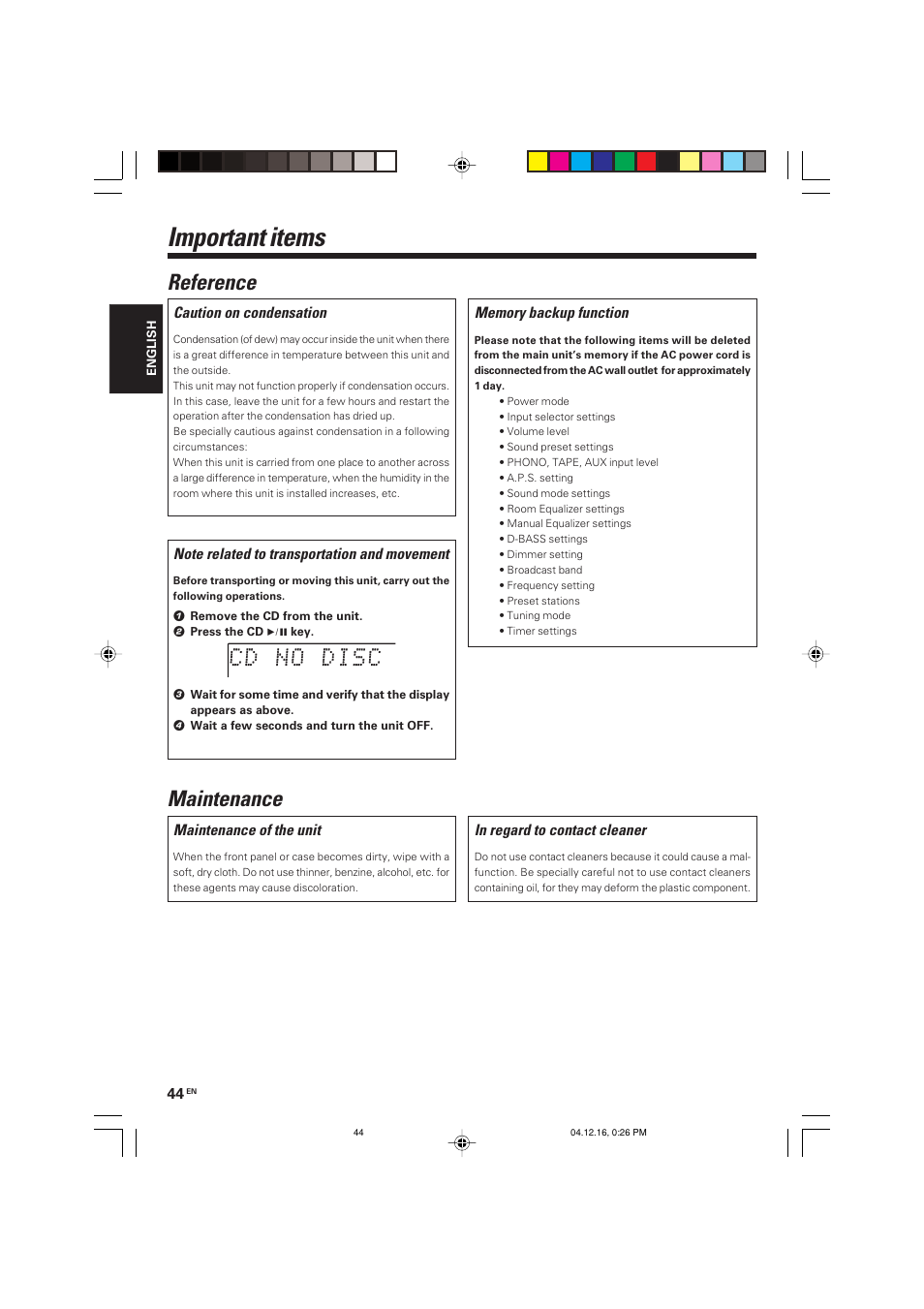 Important items, Maintenance reference, Maintenance of the unit | Caution on condensation | Kenwood R-K701 User Manual | Page 44 / 48