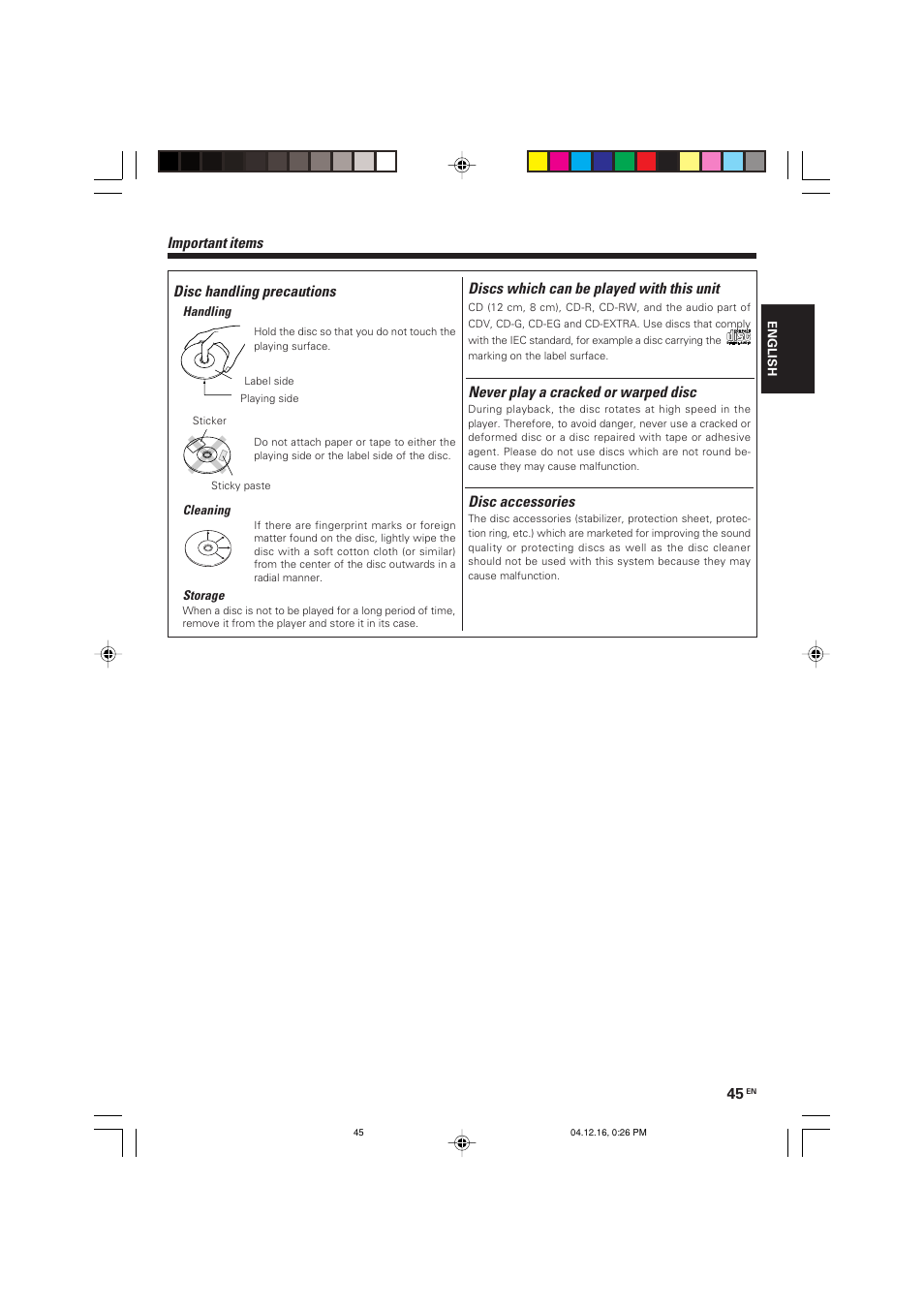 Disc handling precautions, Discs which can be played with this unit, Never play a cracked or warped disc | Disc accessories, Important items | Kenwood R-K701 User Manual | Page 45 / 48