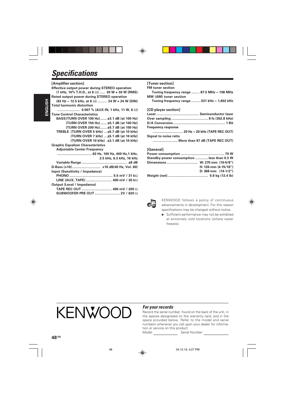 Specifications, For your records | Kenwood R-K701 User Manual | Page 48 / 48