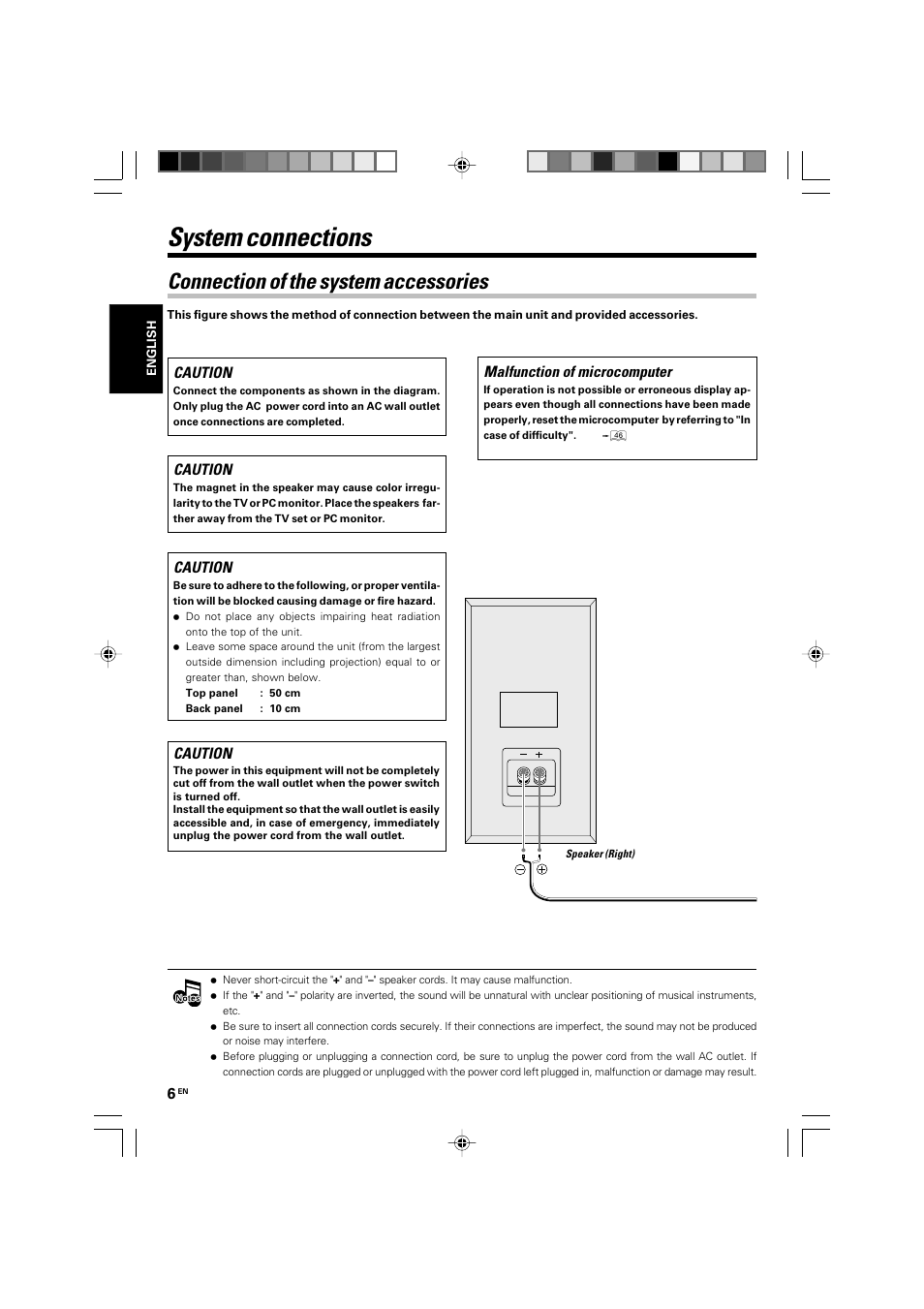 System connections, Connection of the system accessories, Caution | Malfunction of microcomputer | Kenwood R-K701 User Manual | Page 6 / 48