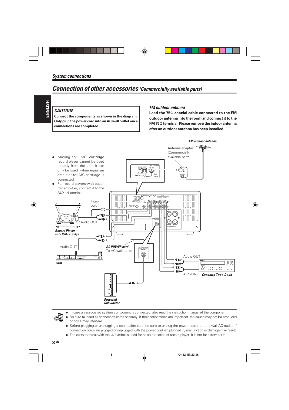 Connection of other accessories, Commercially available parts), Caution | System connections, Fm outdoor antenna | Kenwood R-K701 User Manual | Page 8 / 48