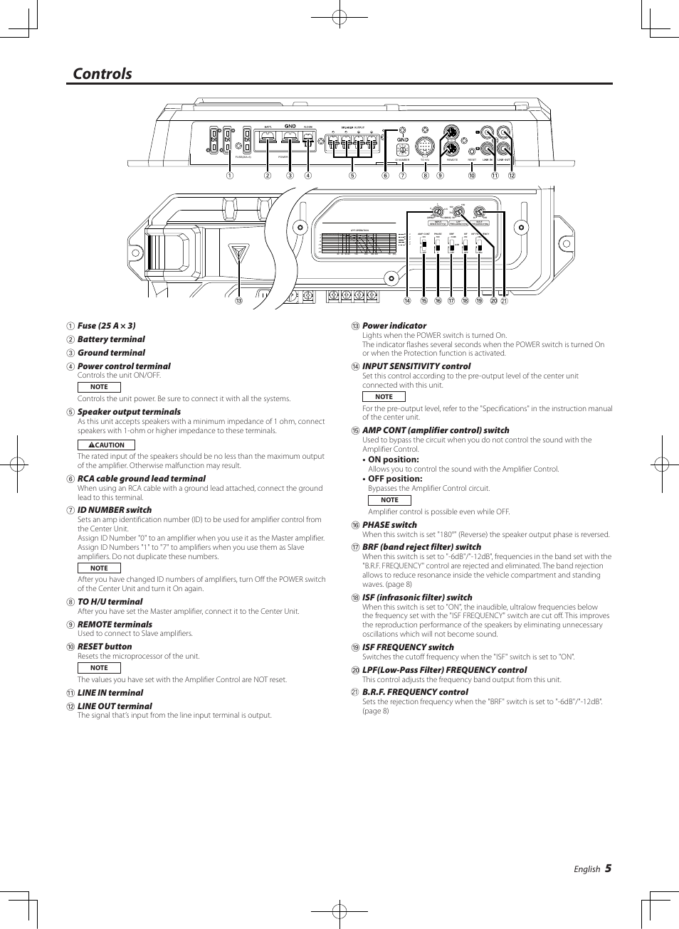 Controls, English, 5speaker output terminals | 6rca cable ground lead terminal, 7id number switch, 8to h/u terminal, 9remote terminals, 0reset button, Line in terminal @ line out terminal, Power indicator | Kenwood KAC-X811D User Manual | Page 5 / 10