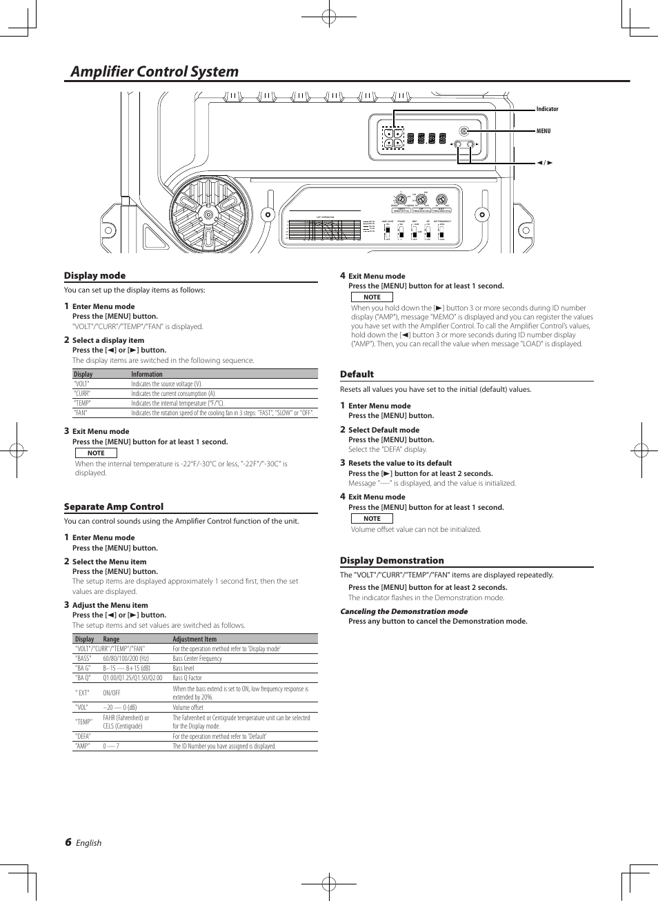 Amplifier control system, Display mode, Separate amp control | Default, Display demonstration, English | Kenwood KAC-X811D User Manual | Page 6 / 10