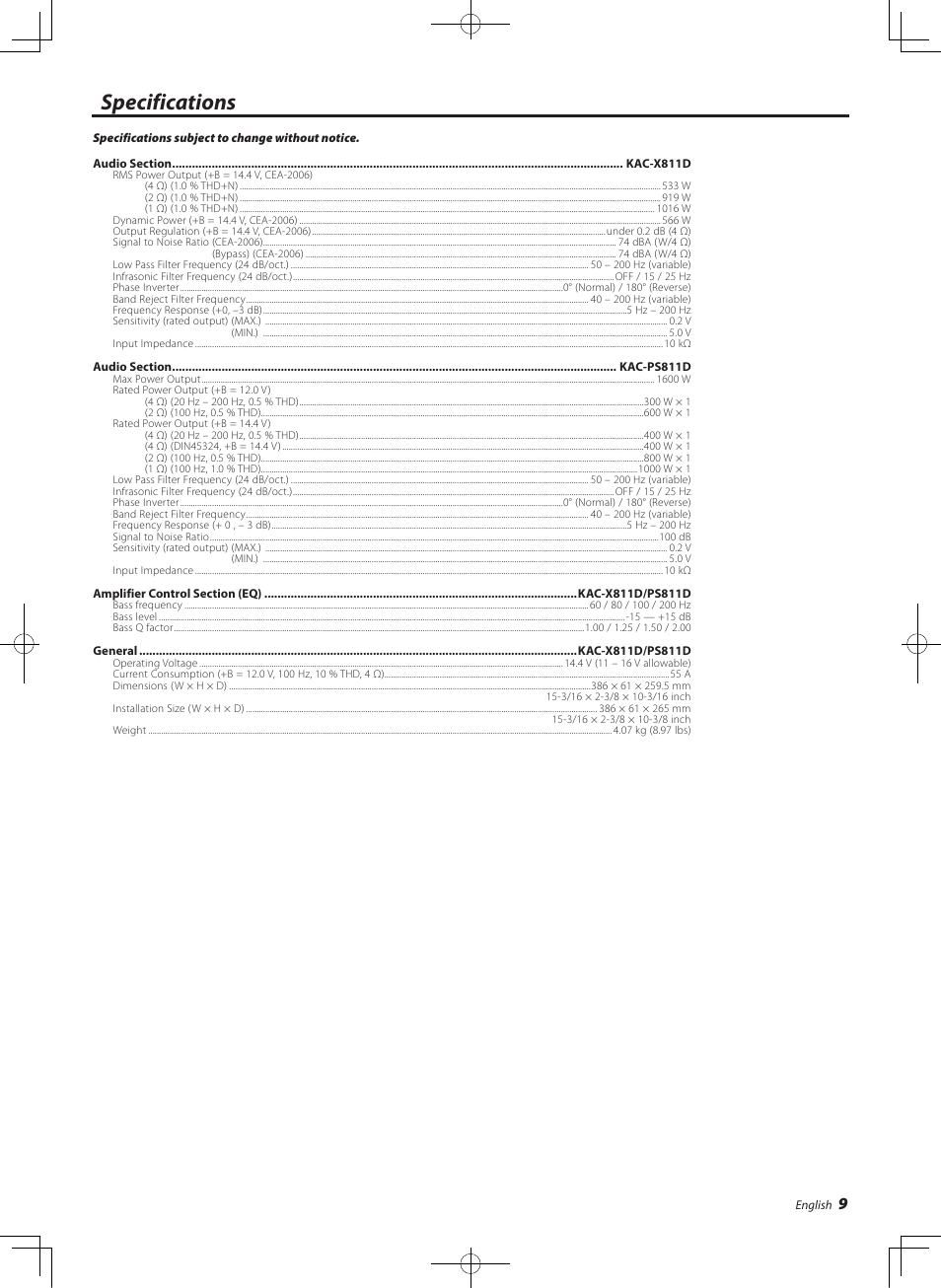 Specifications | Kenwood KAC-X811D User Manual | Page 9 / 10