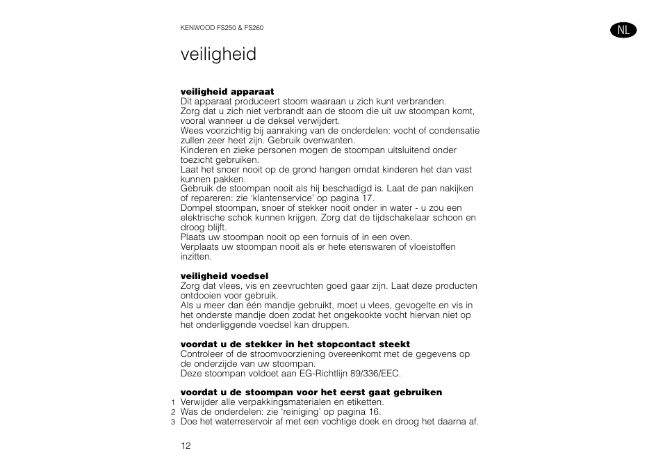 Veiligheid | Kenwood FS260 User Manual | Page 13 / 49