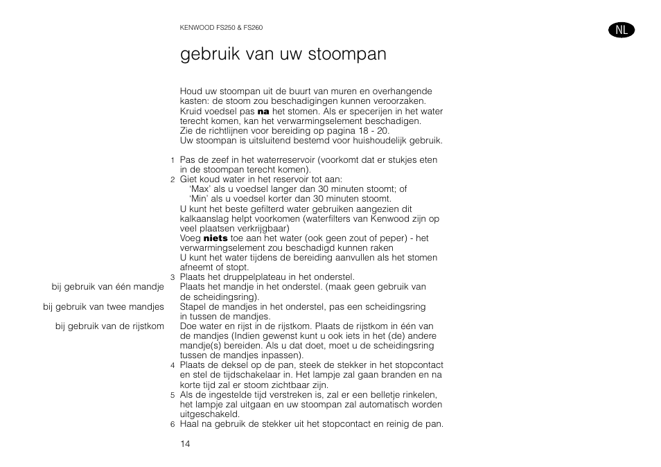 Gebruik van uw stoompan | Kenwood FS260 User Manual | Page 15 / 49