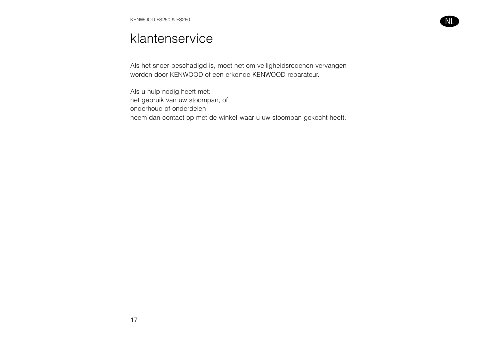 Klantenservice | Kenwood FS260 User Manual | Page 18 / 49