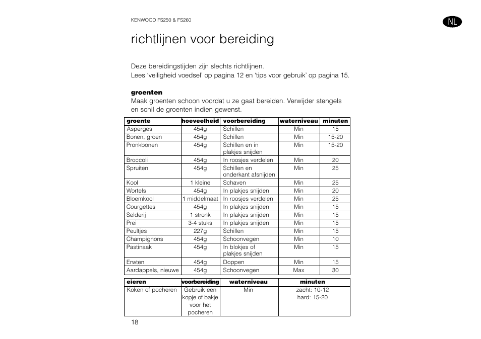 Richtlijnen voor bereiding | Kenwood FS260 User Manual | Page 19 / 49