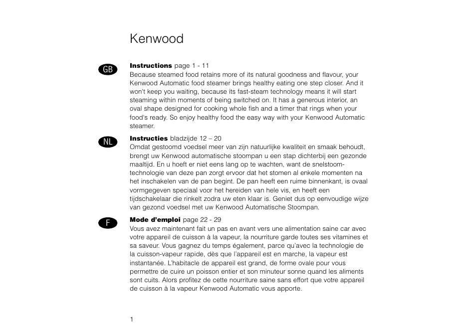 Kenwood, Gb nl f | Kenwood FS260 User Manual | Page 2 / 49