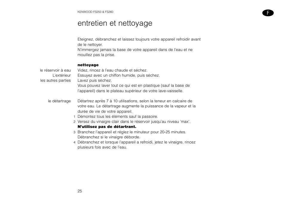 Entretien et nettoyage | Kenwood FS260 User Manual | Page 26 / 49