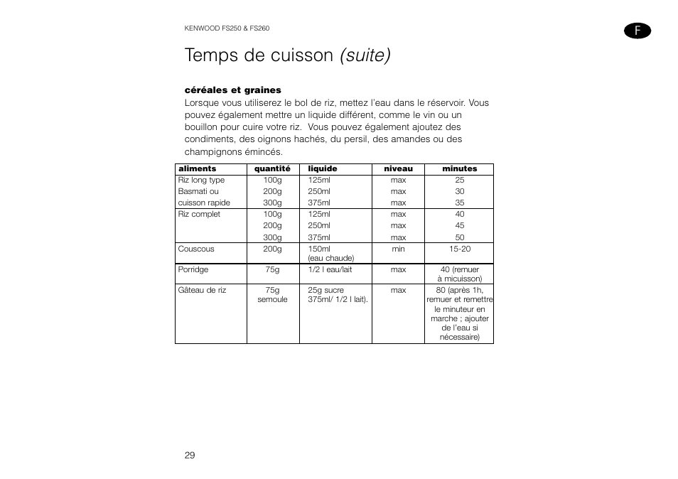 Temps de cuisson (suite) | Kenwood FS260 User Manual | Page 30 / 49