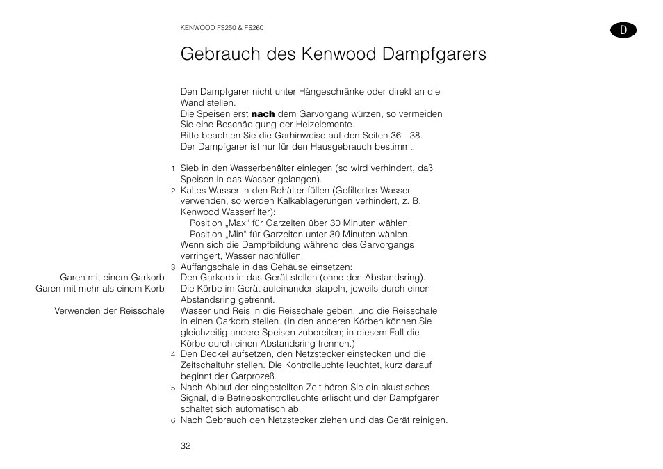 Gebrauch des kenwood dampfgarers | Kenwood FS260 User Manual | Page 33 / 49