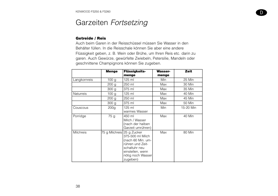 Garzeiten fortsetzing | Kenwood FS260 User Manual | Page 39 / 49