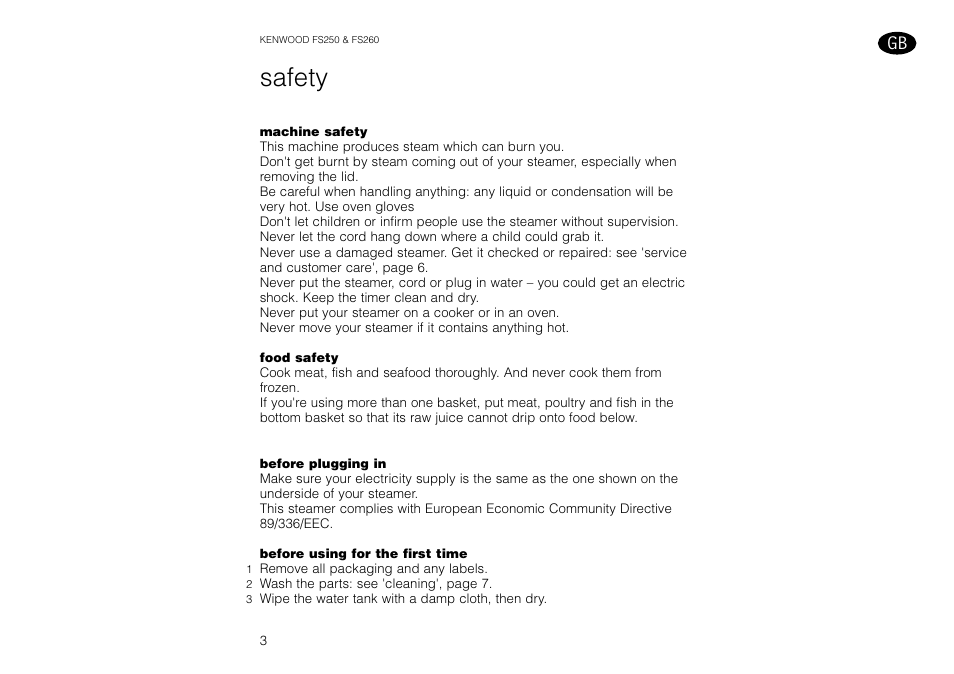 Safety | Kenwood FS260 User Manual | Page 4 / 49