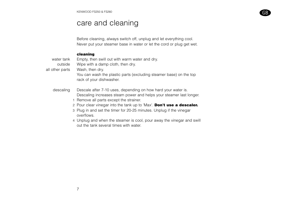 Care and cleaning | Kenwood FS260 User Manual | Page 8 / 49
