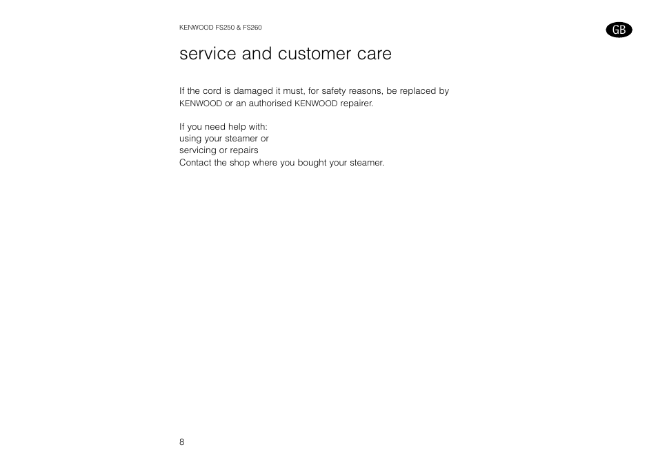 Service and customer care | Kenwood FS260 User Manual | Page 9 / 49