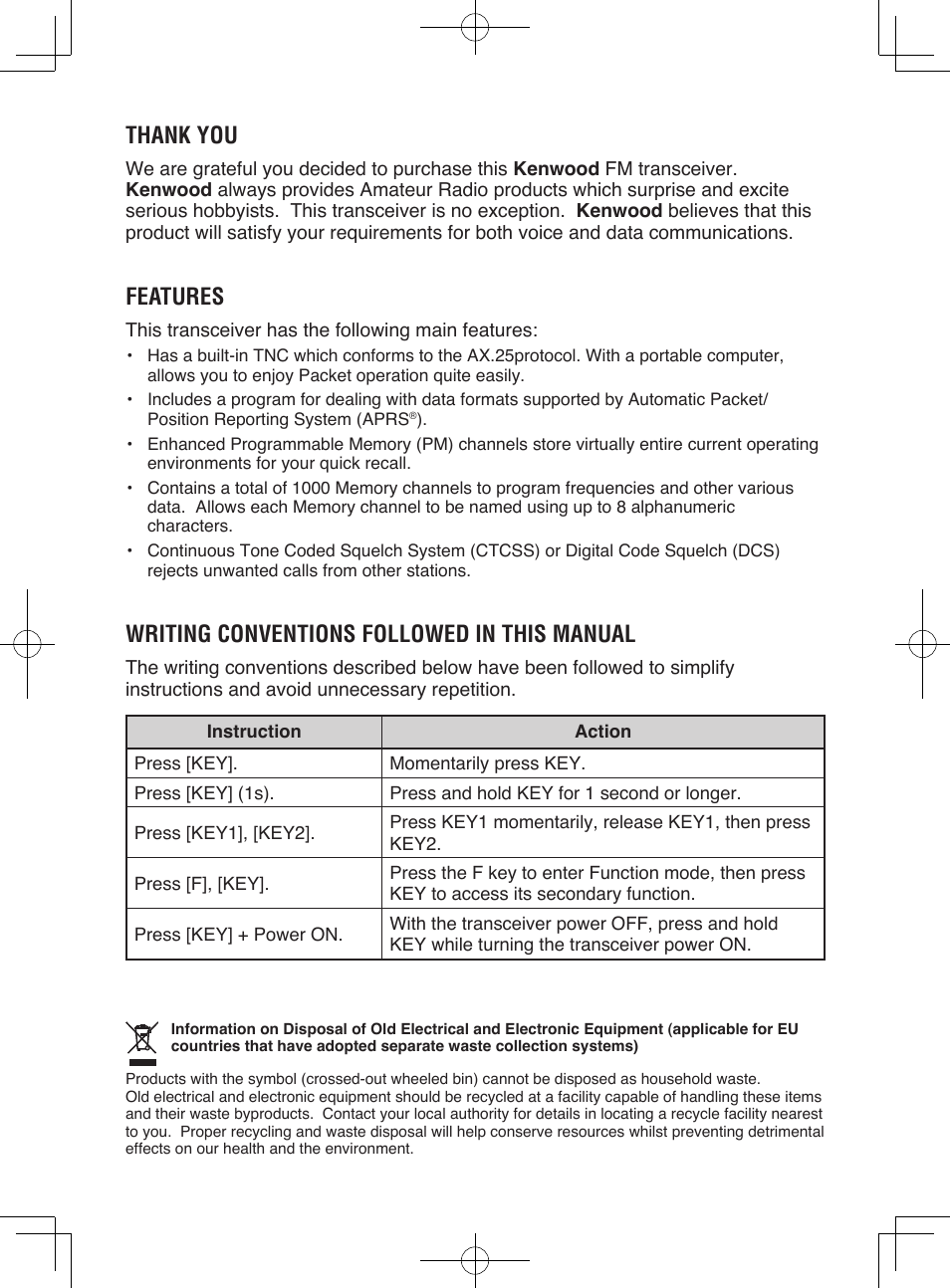 Features, Writing conventions followed in this manual | Kenwood TM-D710A User Manual | Page 2 / 51