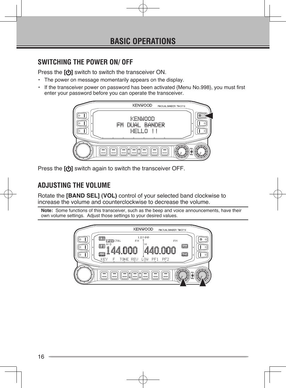 Basic operations, Switching the power on/ off, Adjusting the volume | Kenwood TM-D710A User Manual | Page 22 / 51