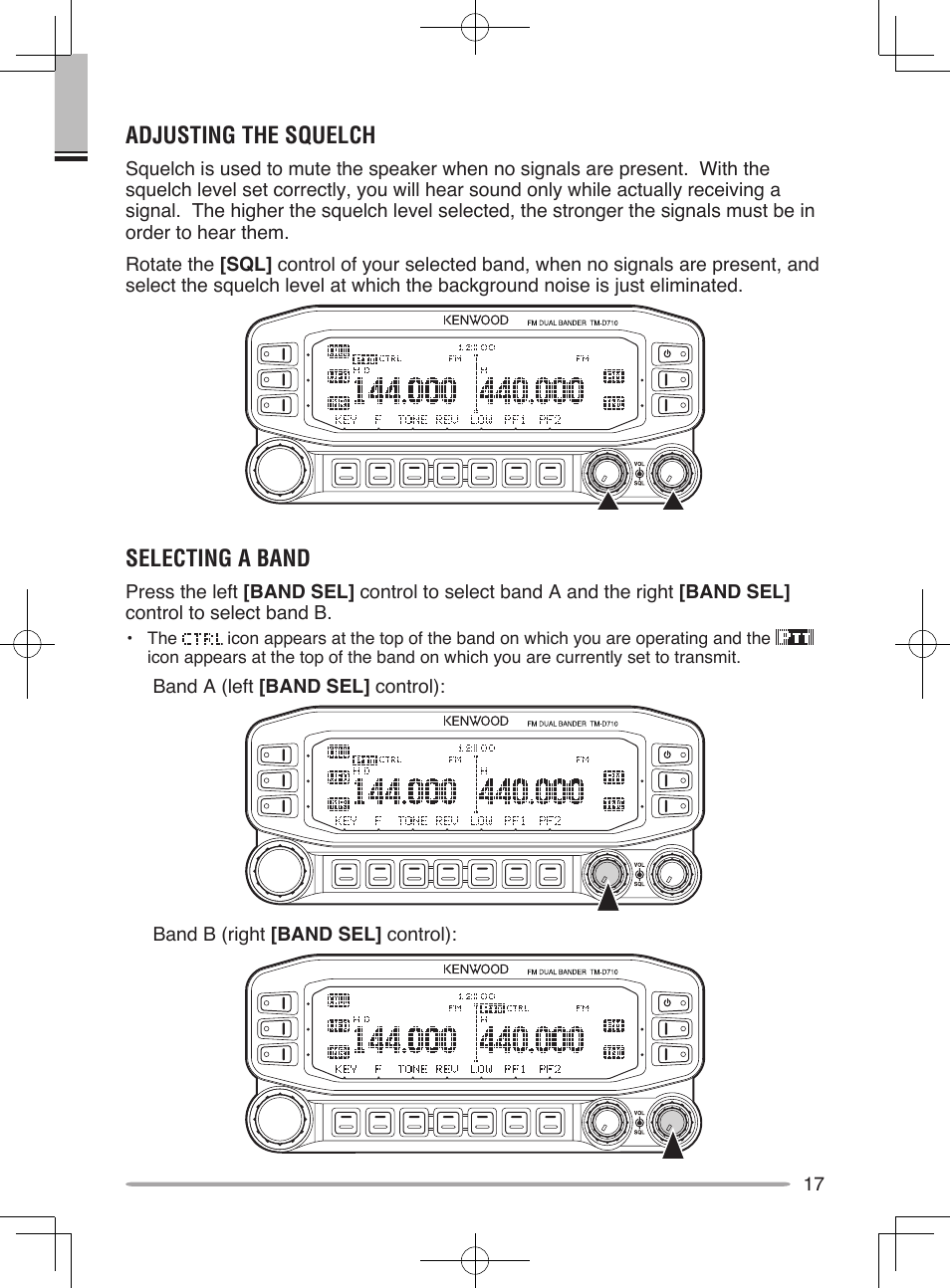 Basic operations, Adjusting the squelch, Selecting a band | Kenwood TM-D710A User Manual | Page 23 / 51