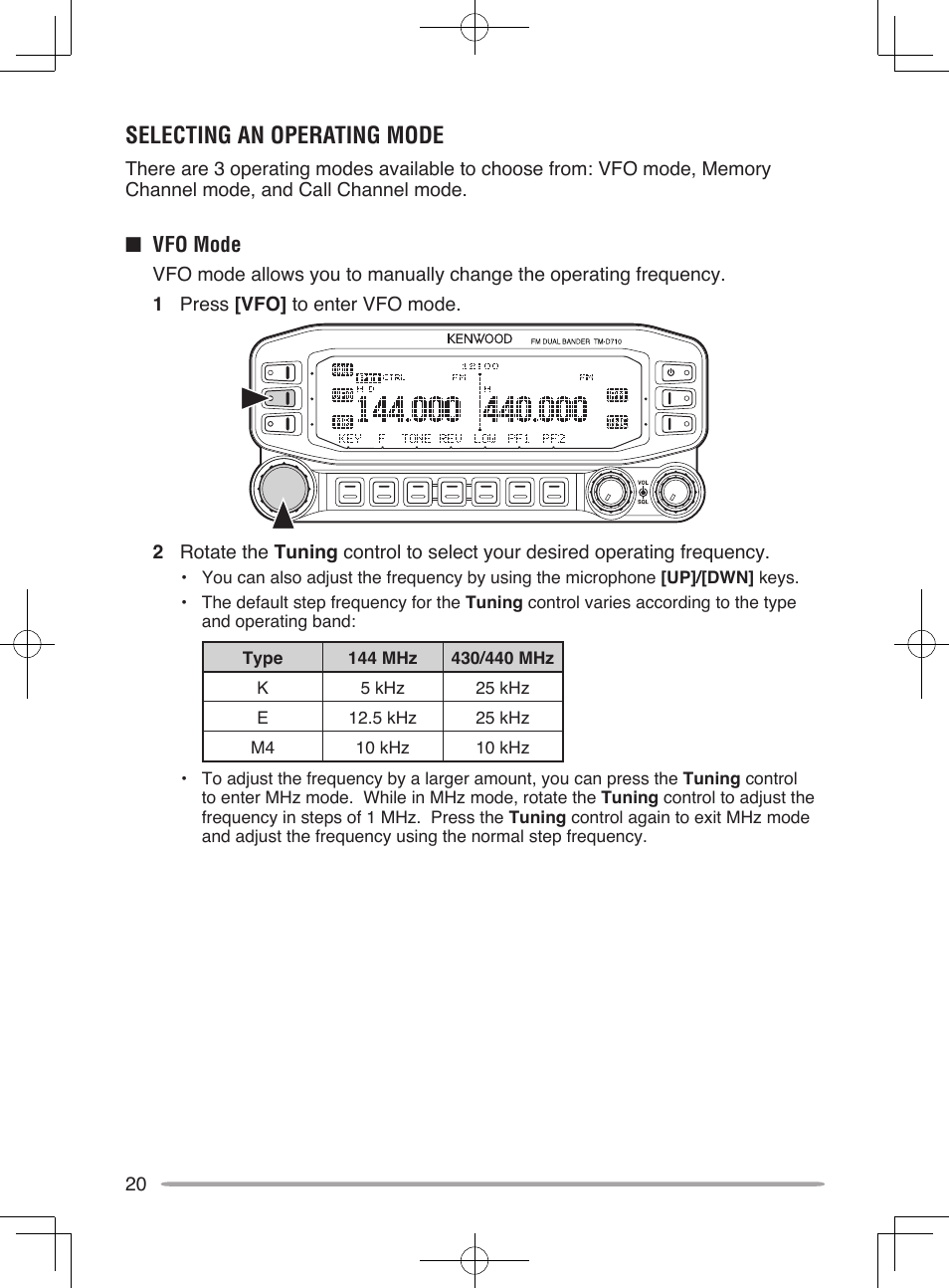 Selecting an operating mode | Kenwood TM-D710A User Manual | Page 26 / 51