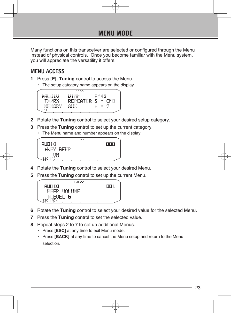 Menu mode, Menu access | Kenwood TM-D710A User Manual | Page 29 / 51