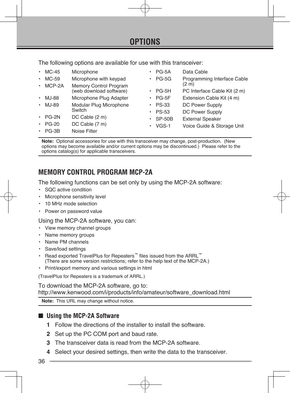 Options, Nusing the mcp-2a software | Kenwood TM-D710A User Manual | Page 42 / 51