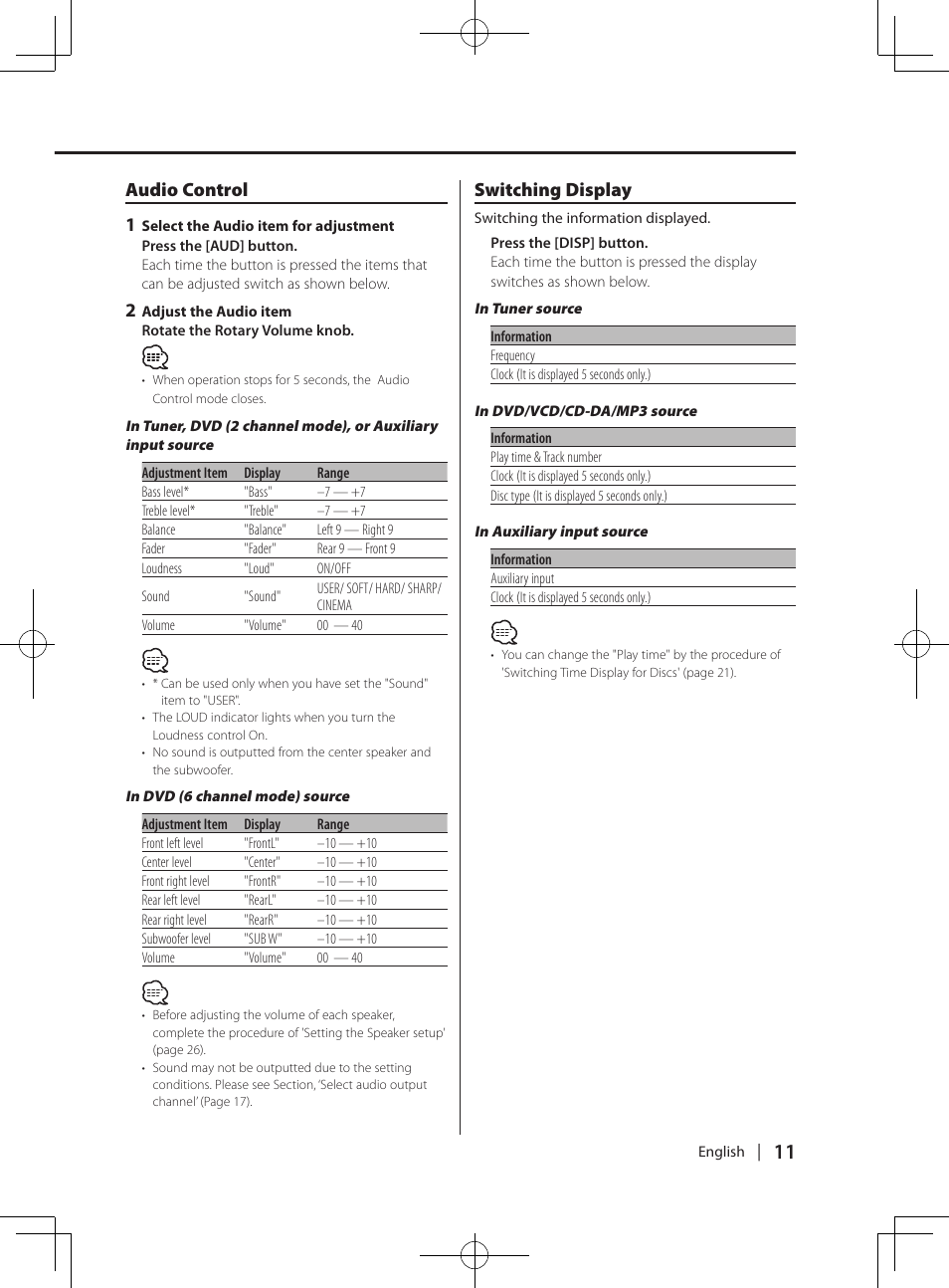 General features, Audio control 1, Switching display | Kenwood KDV-MP765 User Manual | Page 11 / 42