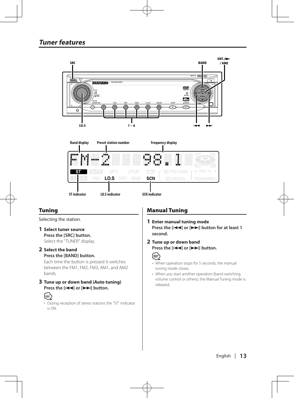 Tuner features, Tuning, Manual tuning 1 | English, Selecting the station | Kenwood KDV-MP765 User Manual | Page 13 / 42