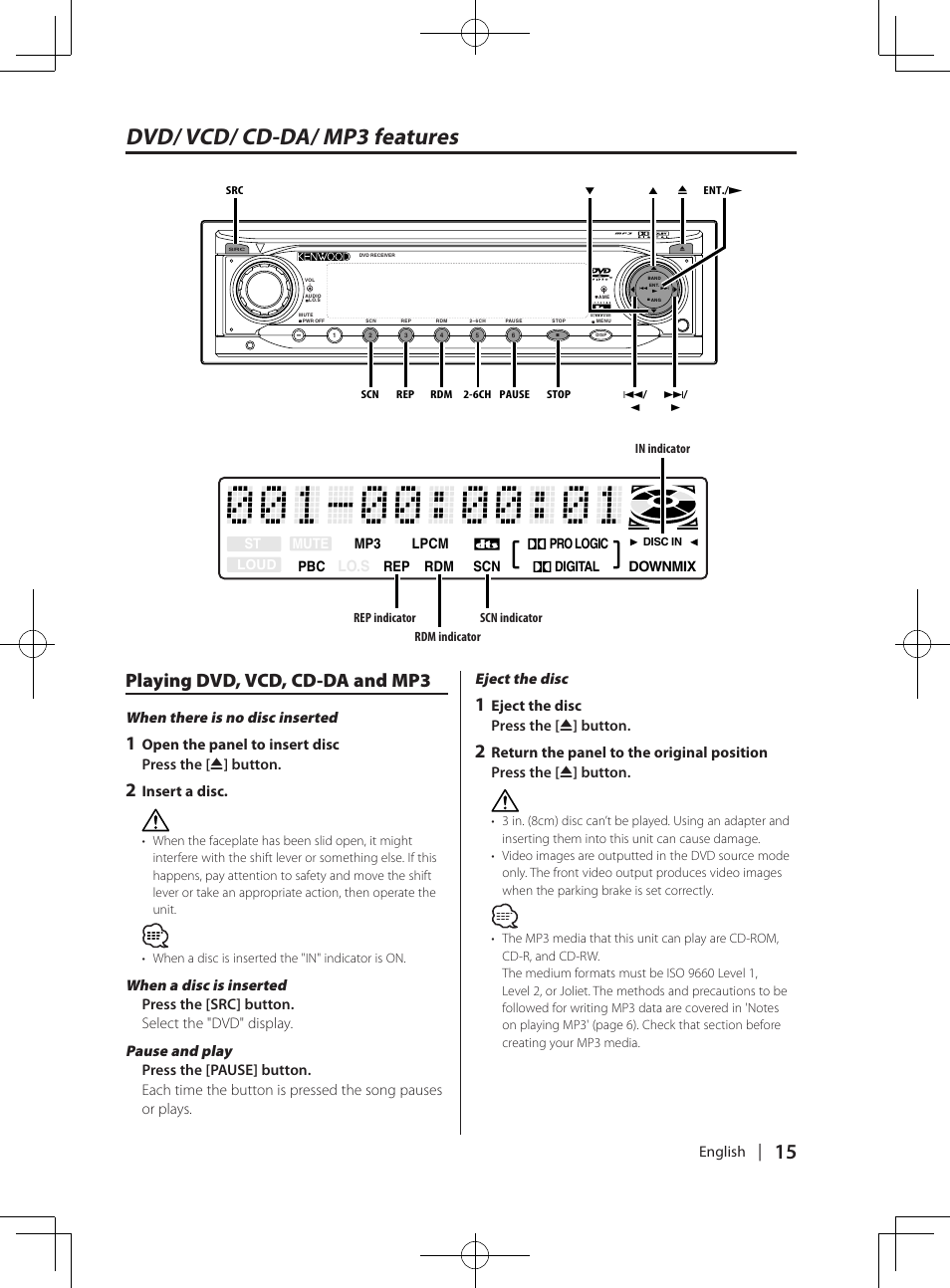 Dvd/ vcd/ cd-da/ mp3 features, Playing dvd, vcd, cd-da and mp3, English | When there is no disc inserted, Insert a disc, Eject the disc press the [ 0 ] button | Kenwood KDV-MP765 User Manual | Page 15 / 42