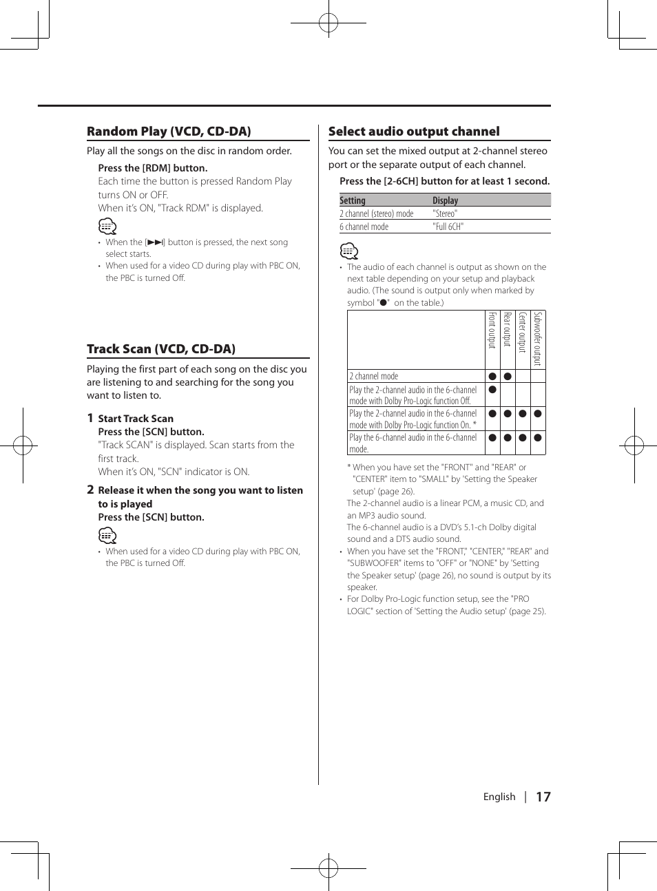 Dvd/ vcd/ cd-da/ mp3 features, Select audio output channel, Random play (vcd, cd-da) | Track scan (vcd, cd-da) | Kenwood KDV-MP765 User Manual | Page 17 / 42