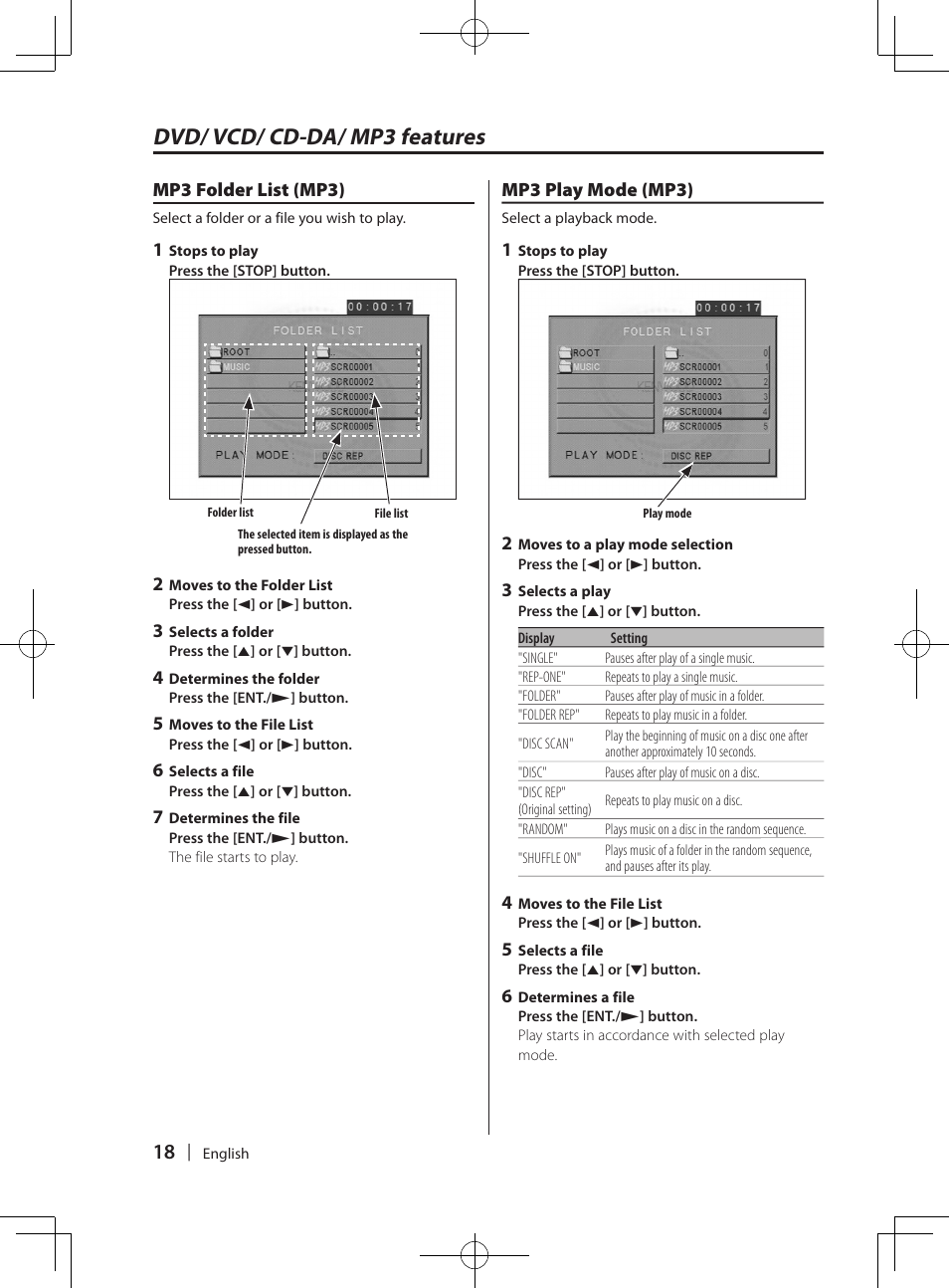 Dvd/ vcd/ cd-da/ mp3 features | Kenwood KDV-MP765 User Manual | Page 18 / 42