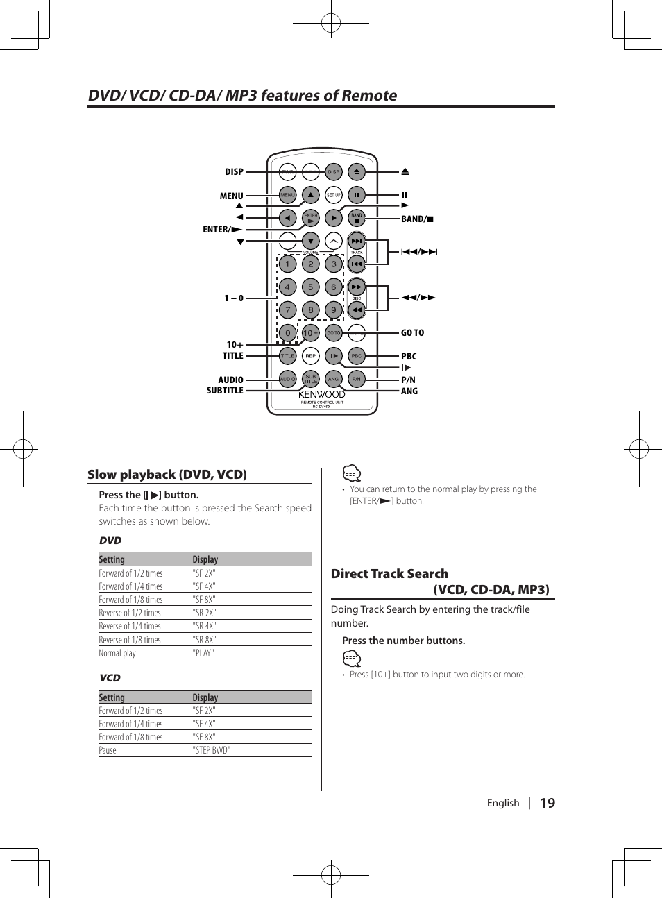 Dvd/ vcd/ cd-da/ mp3 features of remote, Slow playback (dvd, vcd), Direct track search (vcd, cd-da, mp3) | Kenwood KDV-MP765 User Manual | Page 19 / 42